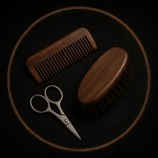 Beard comb, brush and grooming scissors together